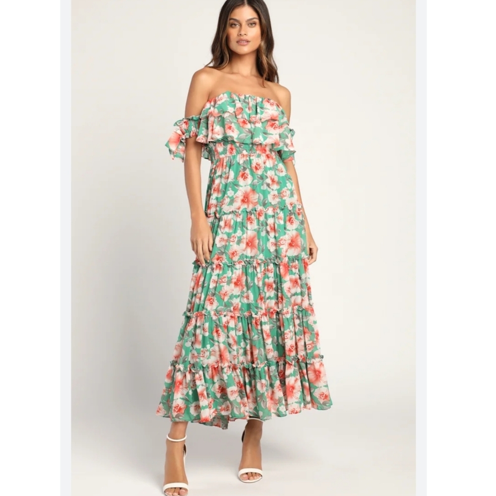 Lulu's Chance For Us Green Floral Off-The-Shoulder Ruffled Maxi Dress